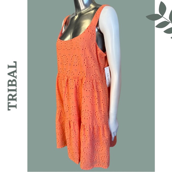 Tribal Eyelet Tiered Sundress Lined Mini Dress Orange Size Small - Picture 2 of 8